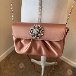 Elegant Peach Satin Clutch with Crystal Embellishment by Kate Landry. New